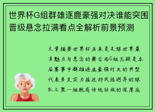 世界杯G组群雄逐鹿豪强对决谁能突围晋级悬念拉满看点全解析前景预测